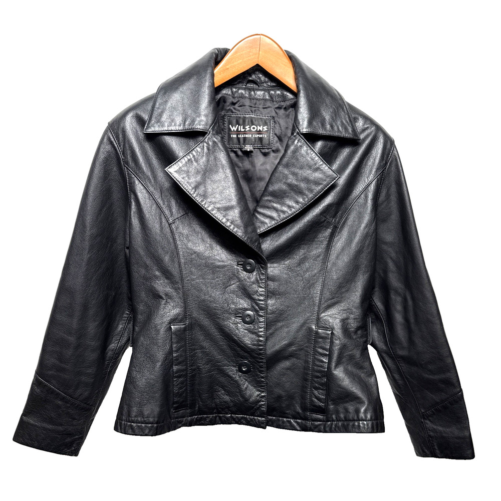 Y2K Wilsons Black Leather Jacket Women's Size Small Button Front Short Length